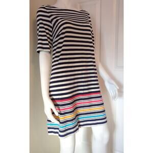 TOMMY HILFIGER Blue White Rainbow Striped A-line Short Sleeve Dress Women Size M